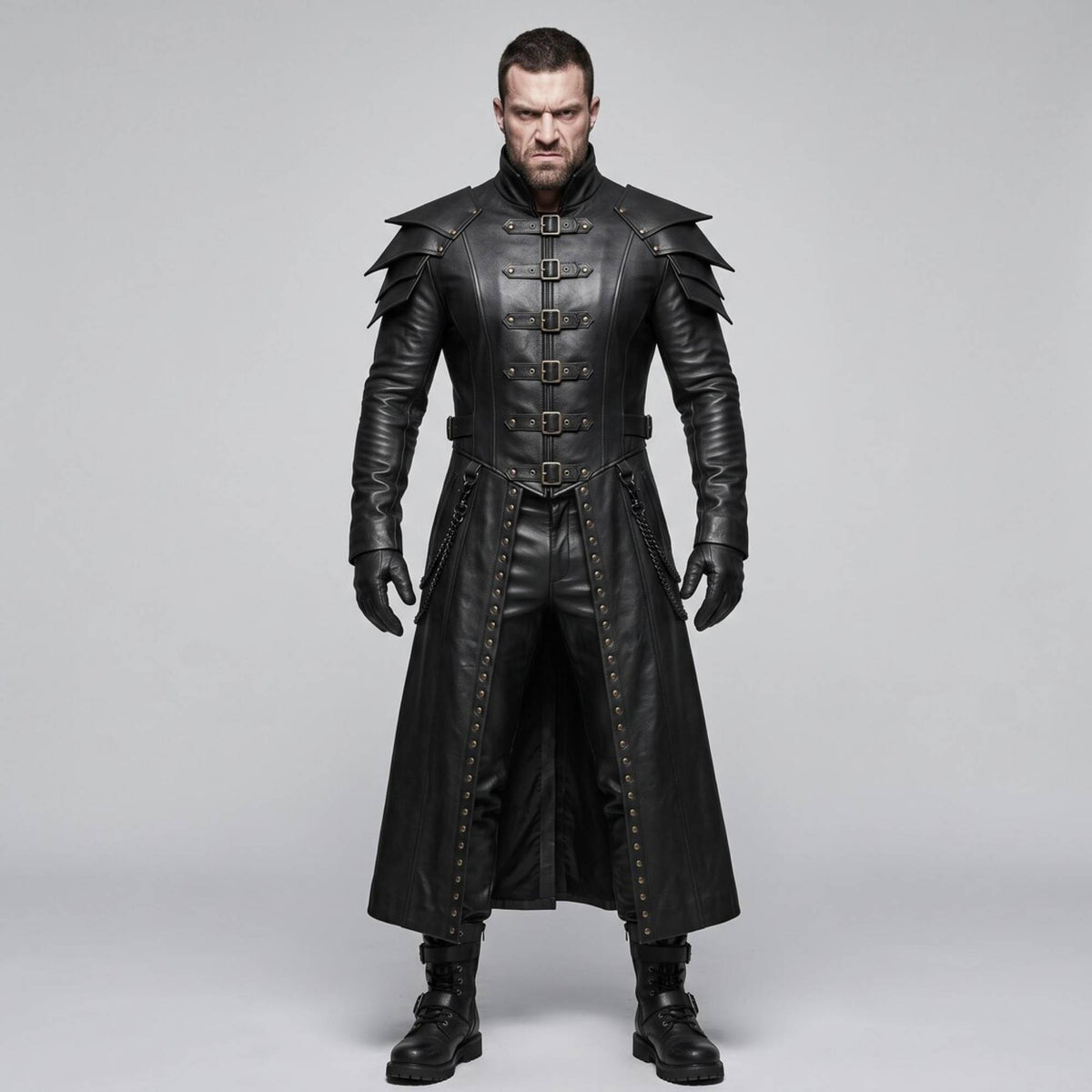 Full length front view of muscular man wearing handmade black leather gothic warrior armor coat and pants set with tiered pauldrons and front buckles