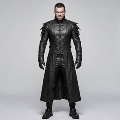 Full length front view of muscular man wearing handmade black leather gothic warrior armor coat and pants set with tiered pauldrons and front buckles