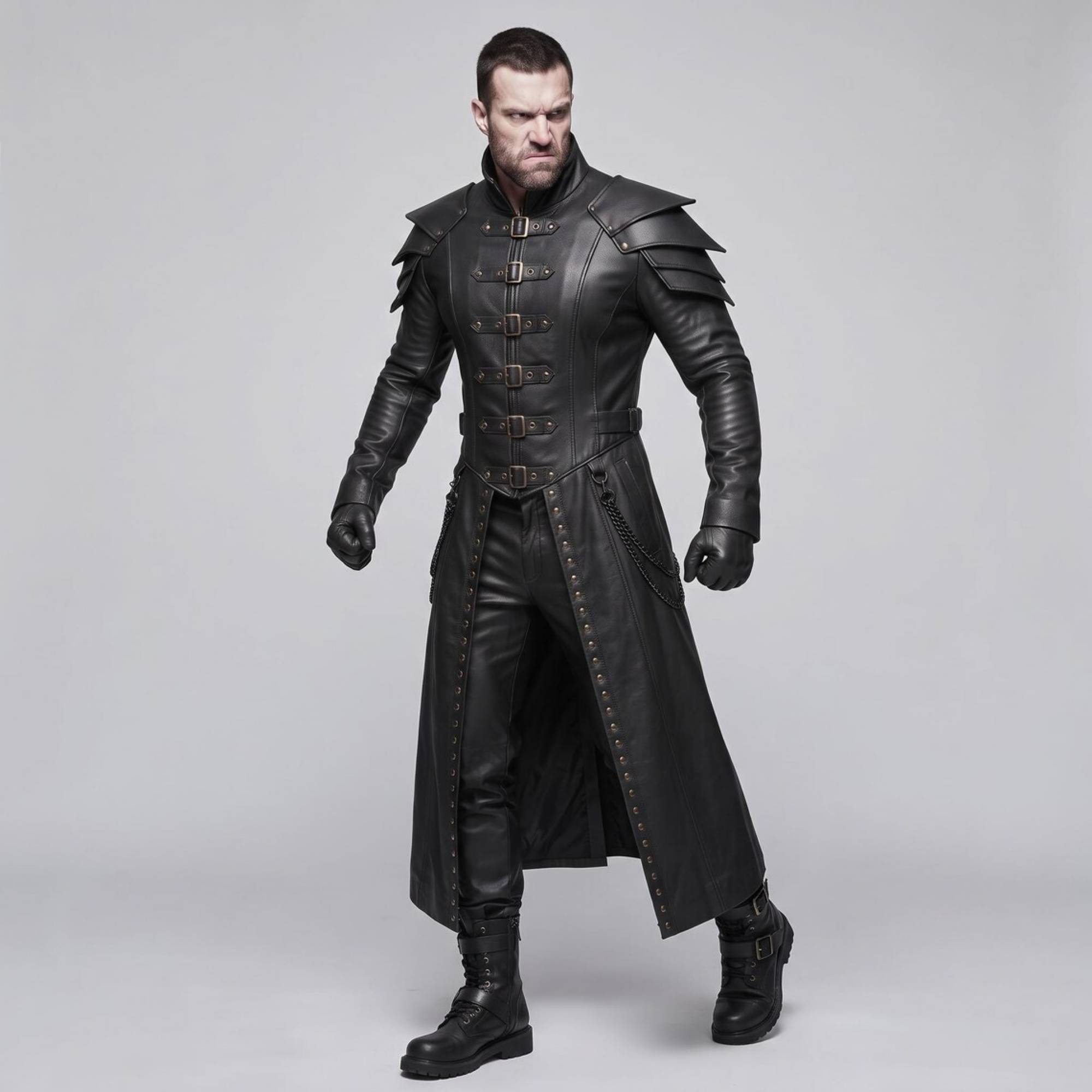 Man walking forward in black genuine cowhide leather gothic armor duster coat and trousers demonstrating split skirt motion