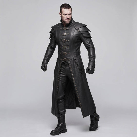 Man walking forward in black genuine cowhide leather gothic armor duster coat and trousers demonstrating split skirt motion