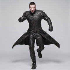 Action shot of gothic warrior running forward in black leather armor coat displaying flared tail panels and high stand collar