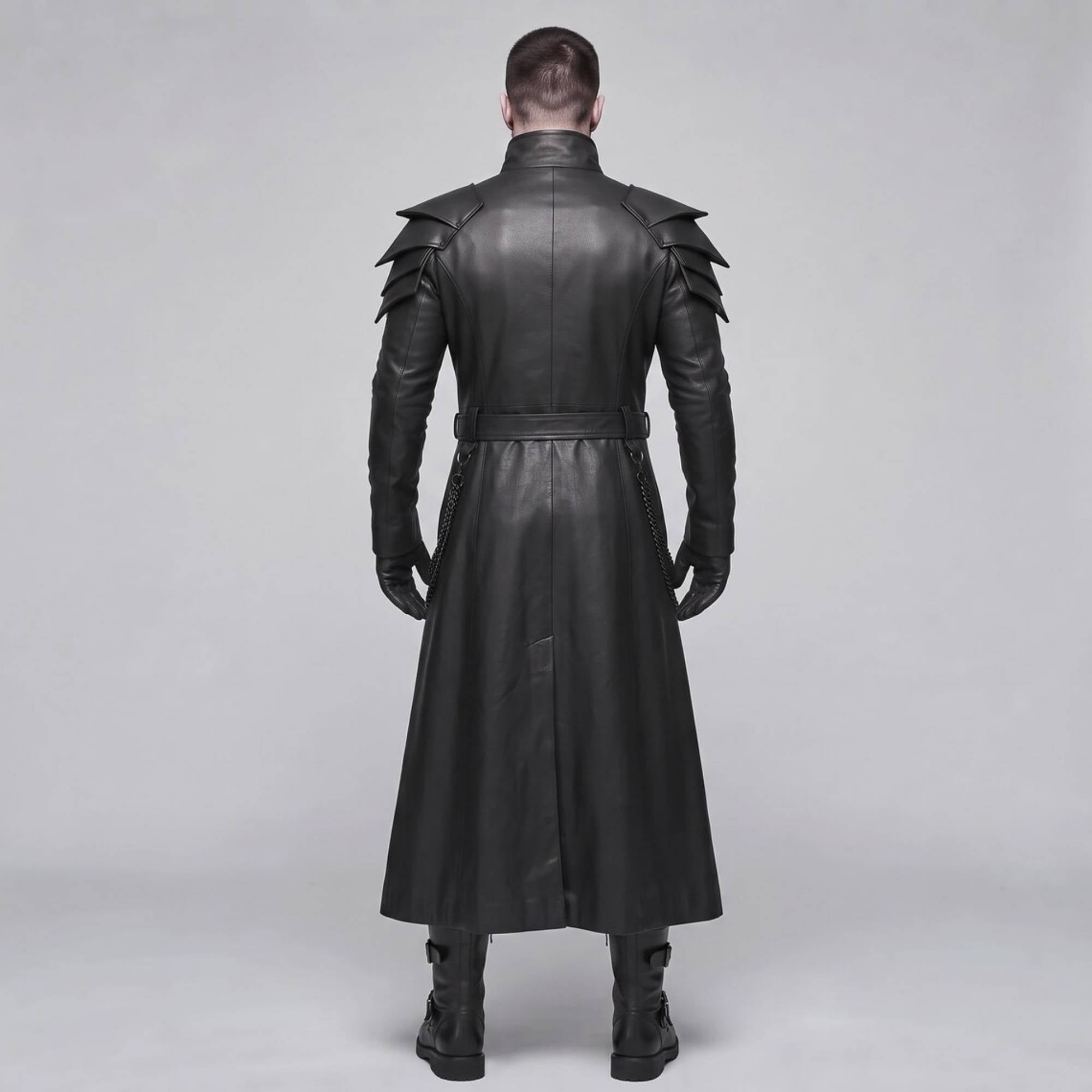 Back full body view of mens black leather warrior long coat showing structured shoulder pauldrons and center split tailcoat hem