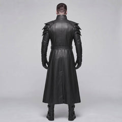Back full body view of mens black leather warrior long coat showing structured shoulder pauldrons and center split tailcoat hem