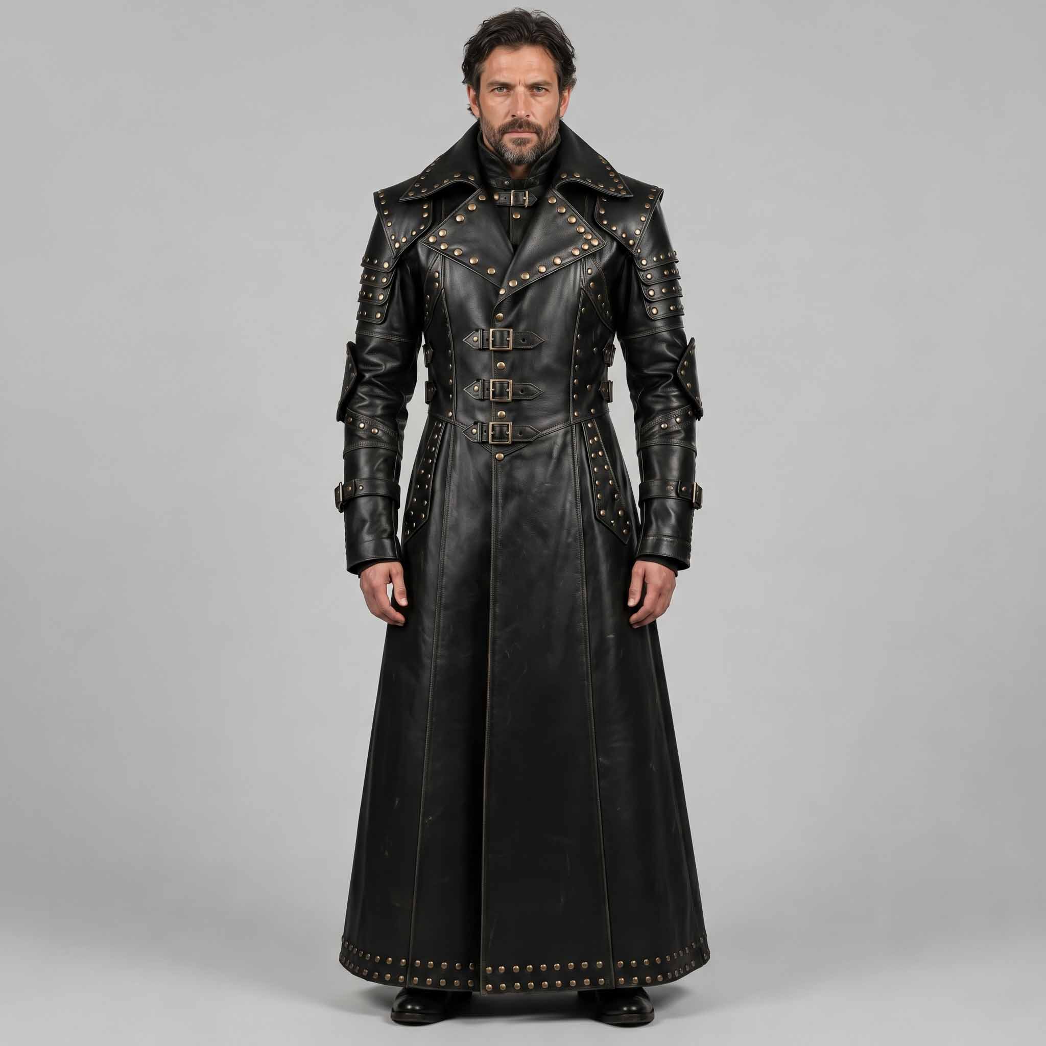 Full length studio portrait of bearded man wearing handmade black leather gothic studded duster coat with high collar and buckle straps on grey background