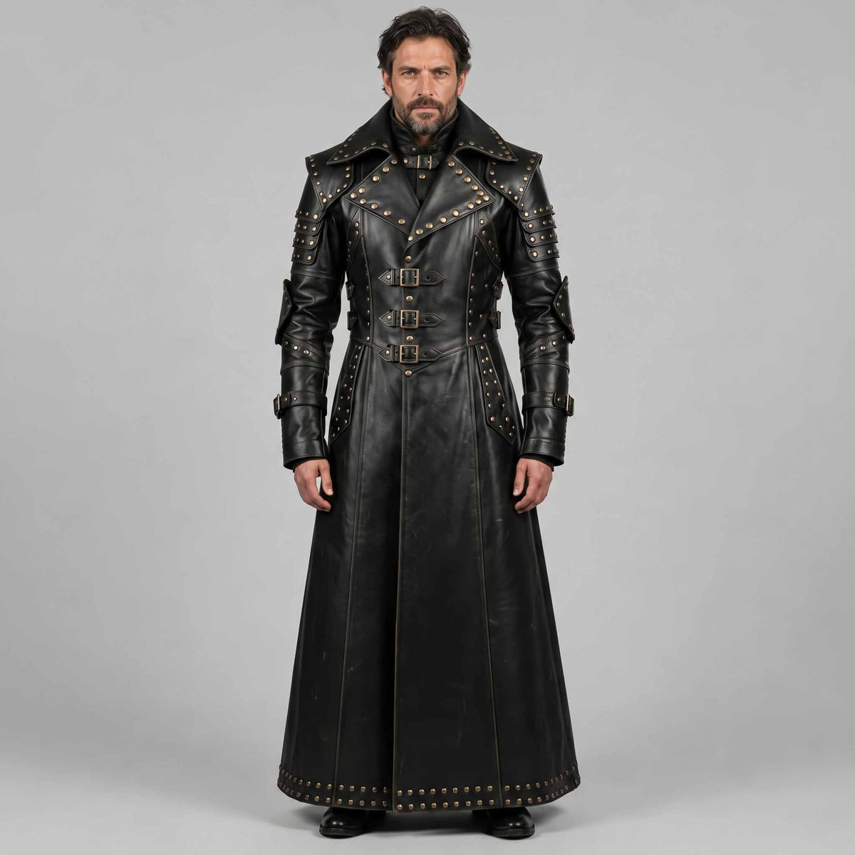 Full length studio portrait of bearded man wearing handmade black leather gothic studded duster coat with high collar and buckle straps on grey background