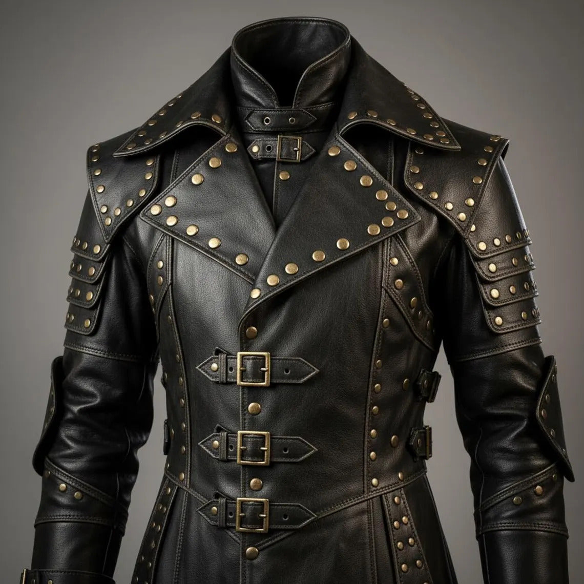 Close up view of black leather steampunk jacket detailing high stand funnel collar, wide studded lapels, and horizontal brass roller buckle straps