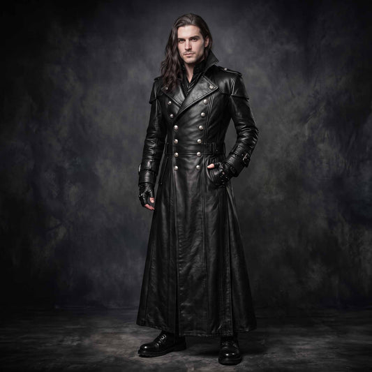Full length front view of man with long dark hair wearing handmade black leather double breasted trench coat with silver buttons and belted waist on dark background