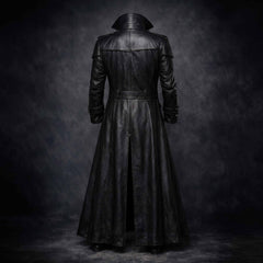 Rear full view of mens black leather victorian overcoat on ghost mannequin displaying shoulder storm flap waist belt and center split walking vent