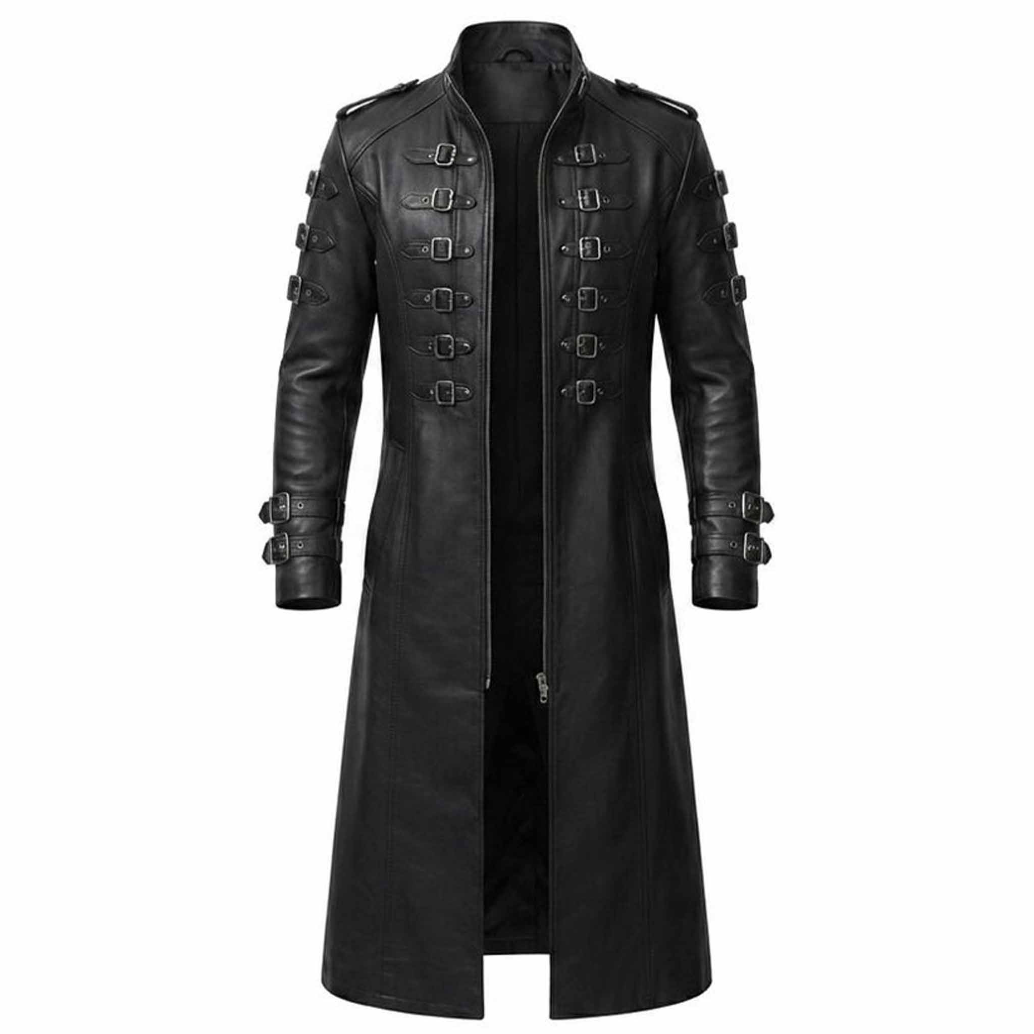Front view of handmade black genuine leather gothic military trench coat showing open front zipper and symmetrical buckle straps on white background