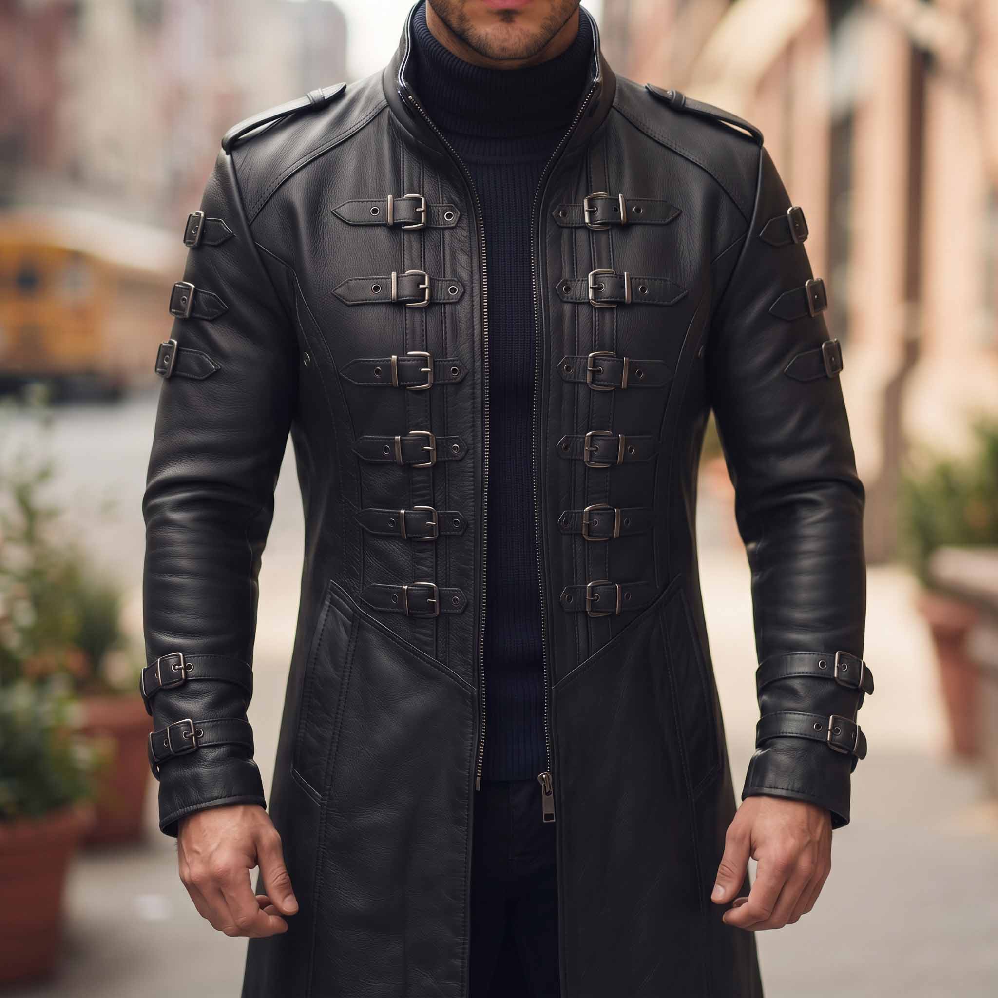Close up view of man wearing black leather gothic military overcoat highlighting front roller buckle straps and shoulder epaulettes on city sidewalk