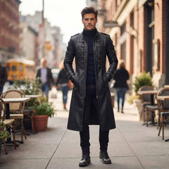 Full length front shot of handsome man wearing black leather military trench coat open over dark turtleneck and boots on urban street