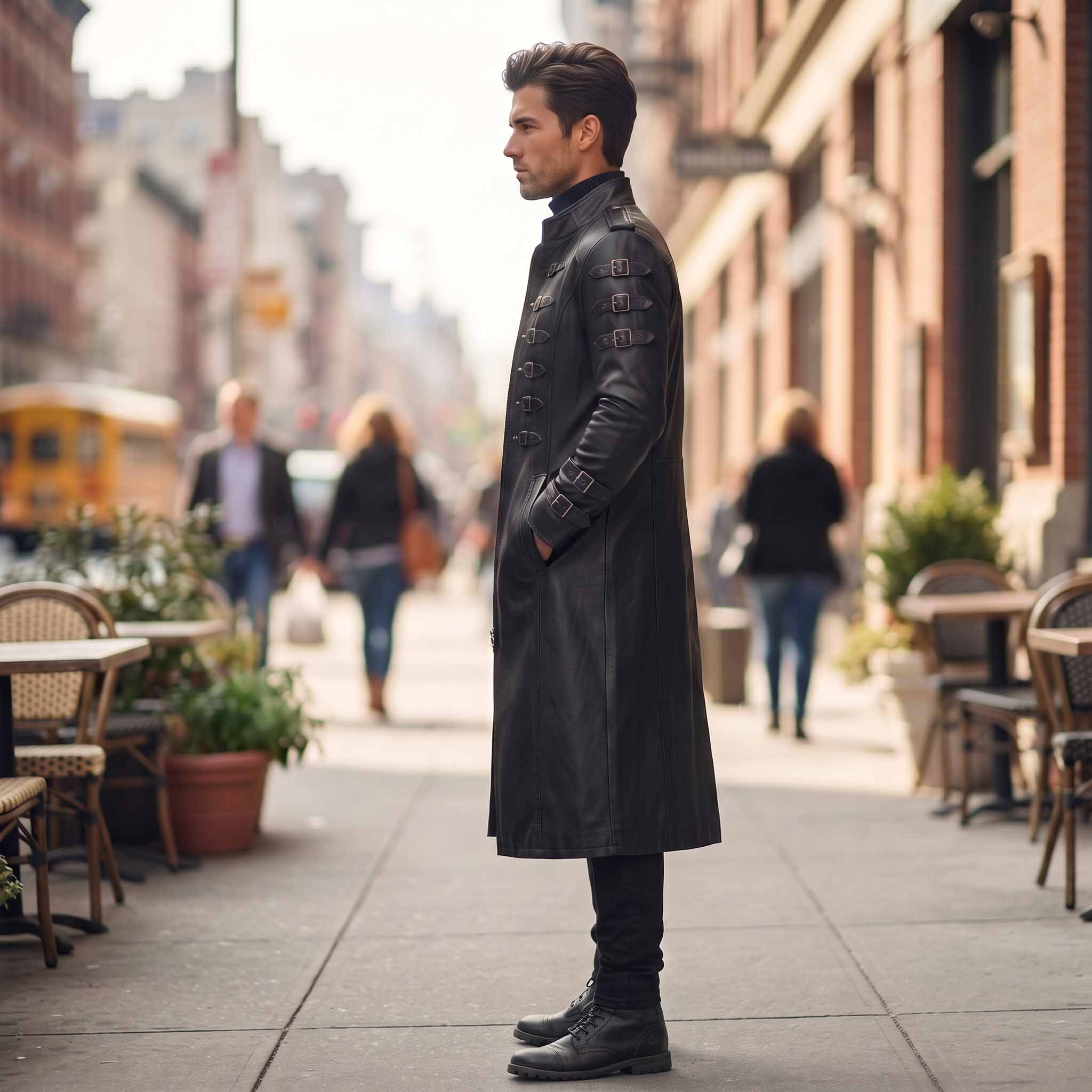 Side profile view of man wearing tailored black leather duster coat showing upper sleeve buckle straps and hands in deep side pockets