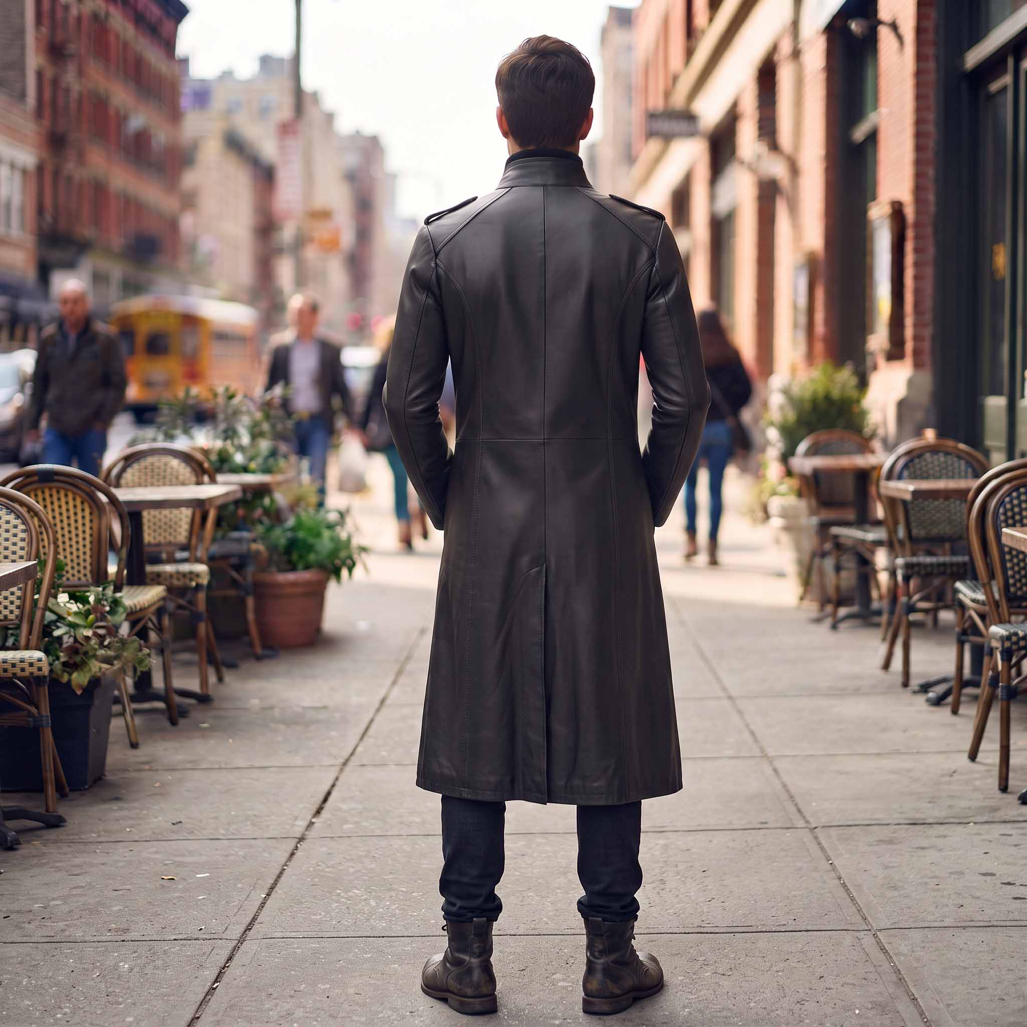 Back full length view of mens black leather victorian duster coat displaying tailored spine seams shoulder straps and center split walking vent