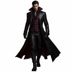 Front view of male model walking in handmade black leather gothic vampire coat with high red-accented collar and flowing duster skirt