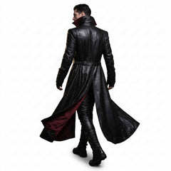 Rear three-quarter walking perspective of male model showcasing the dramatic movement and tailored back seams of black leather vampire coat