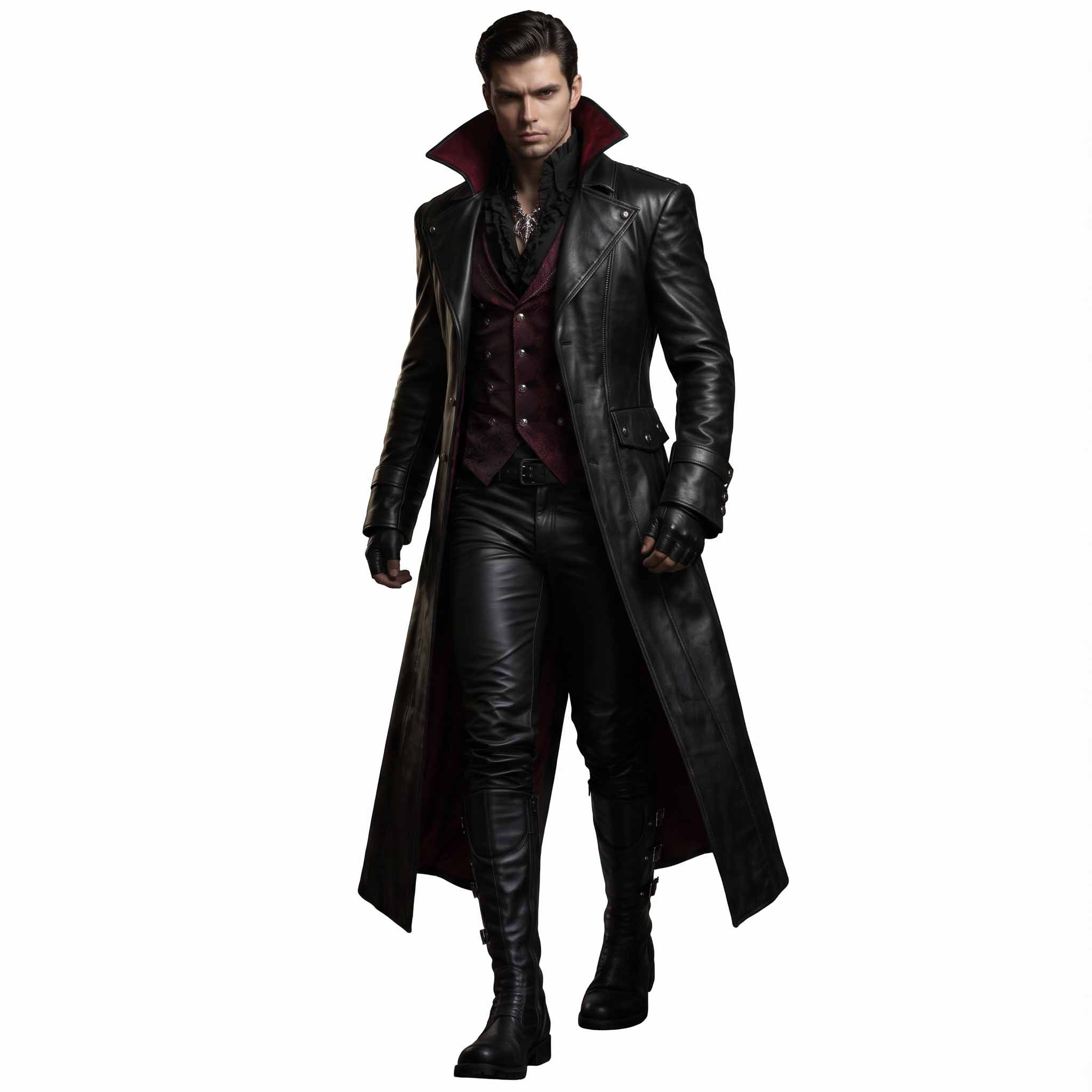 Front three-quarter view of man wearing open black genuine leather long coat showing waist flap pockets and contrast red stand collar