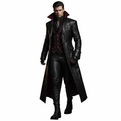 Front three-quarter view of man wearing open black genuine leather long coat showing waist flap pockets and contrast red stand collar