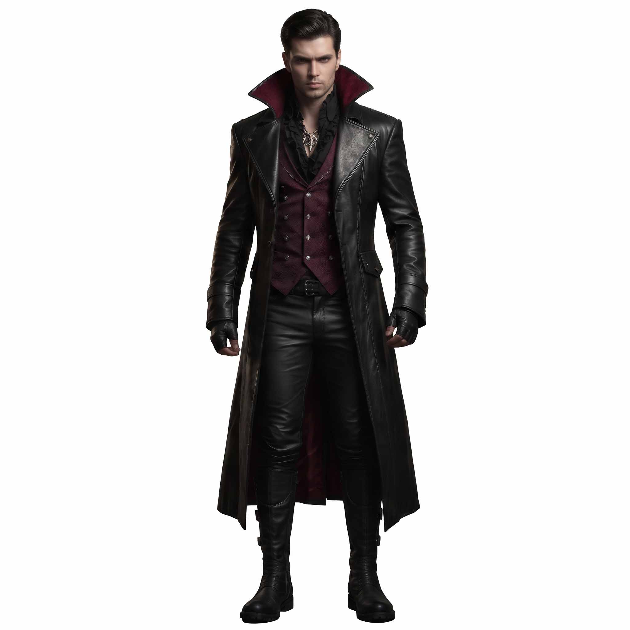 Front standing portrait of man in handcrafted black leather vampire lord coat showing structured lapels and broad shoulders