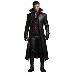 Front standing portrait of man in handcrafted black leather vampire lord coat showing structured lapels and broad shoulders