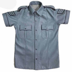 Men’s Gray Real Leather Police Uniform Leather Short Sleeve Shirt With Black Piping