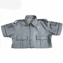 Men’s Gray Real Leather Police Uniform Leather Short Sleeve Shirt With Black Piping