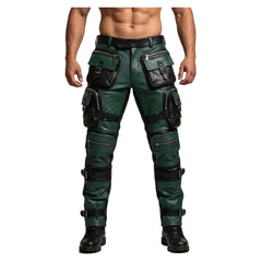 A model's lower body wearing dark green faux leather cargo pants with multiple black utility pockets and straps, paired with black boots, against a neutral beige background.