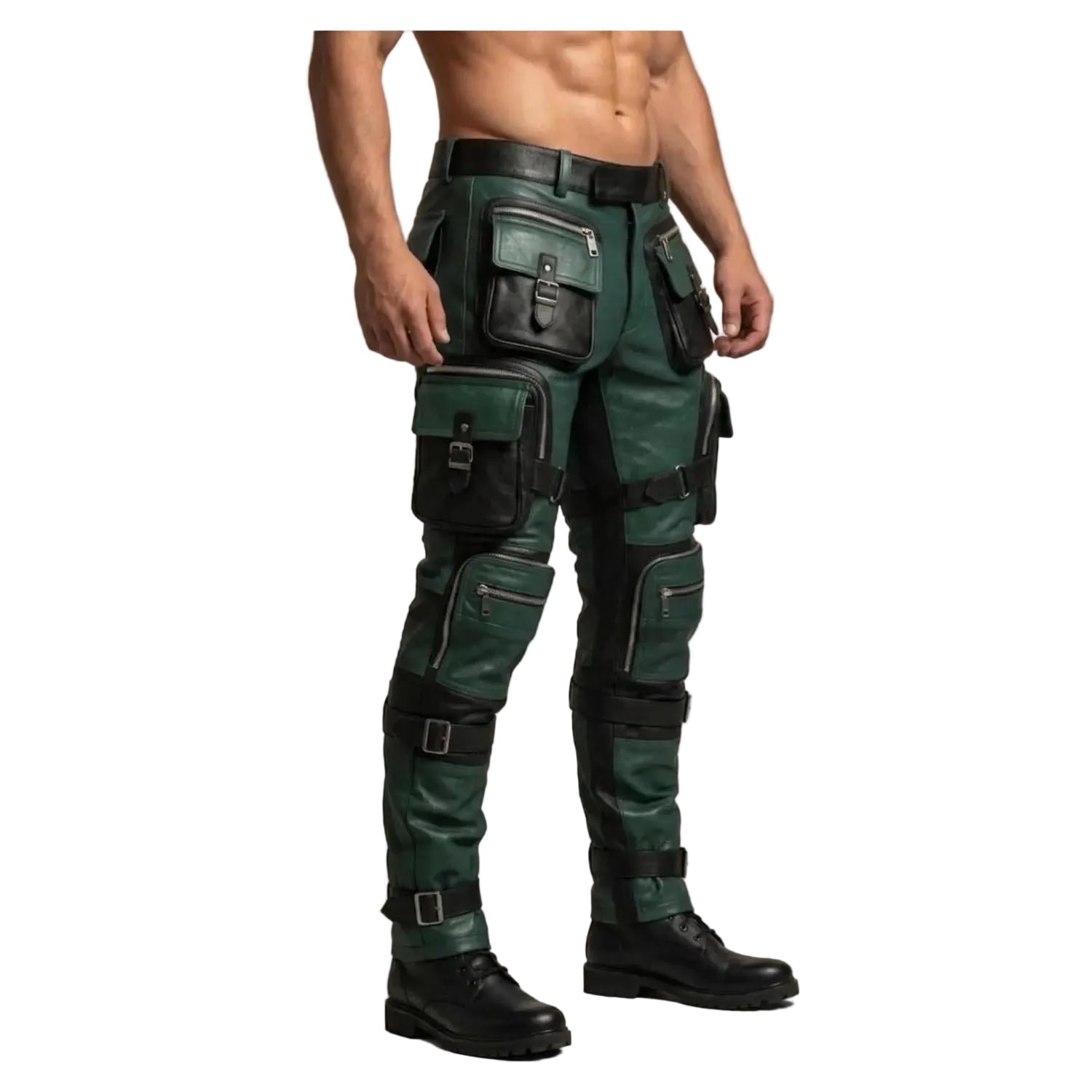 A man models dark green tactical leather pants with multiple black utility pockets, straps, and buckles, paired with black boots, against a neutral beige background.