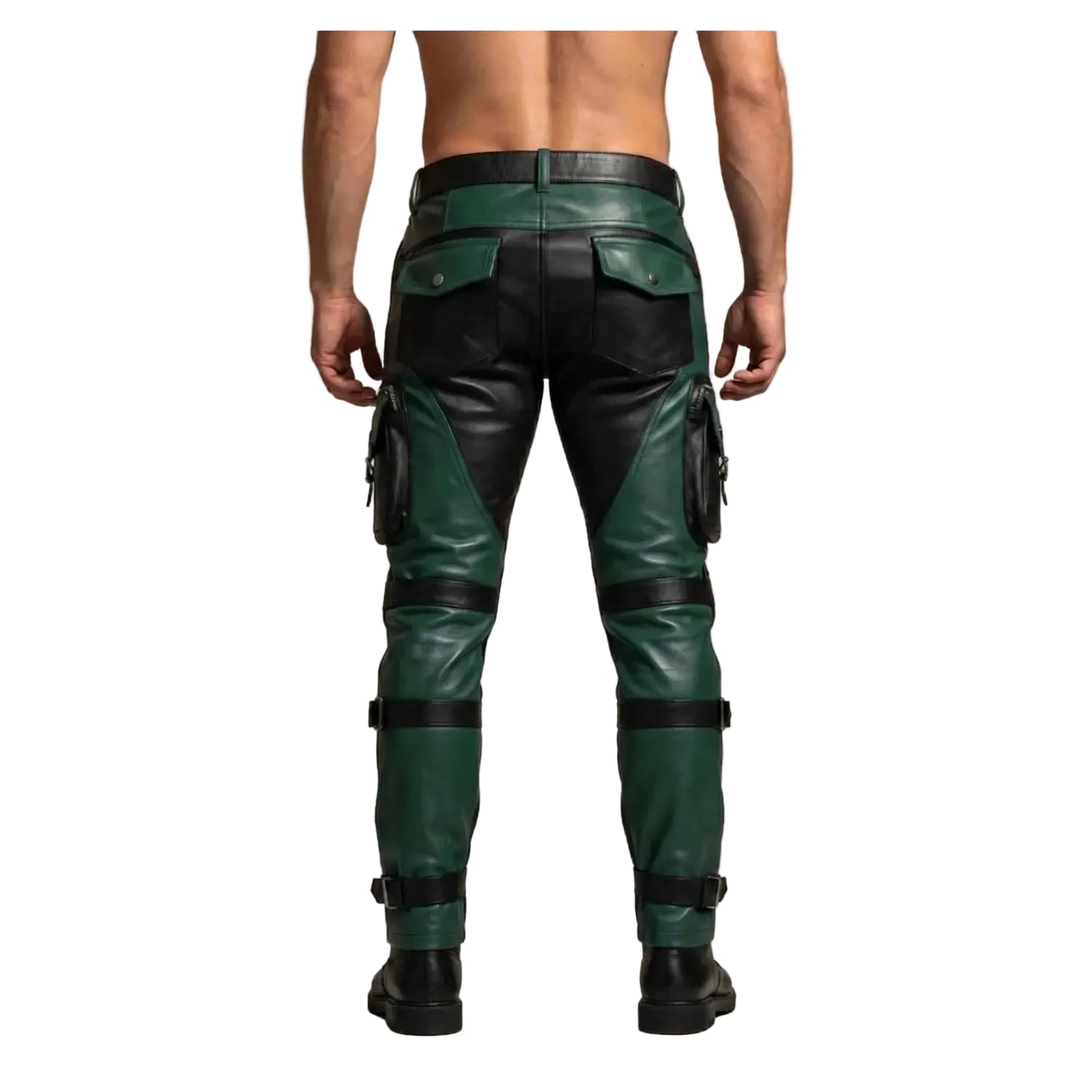 Rear view of a man wearing dark green and black leather cargo pants with utility pockets and straps, paired with black boots against a neutral studio background.
