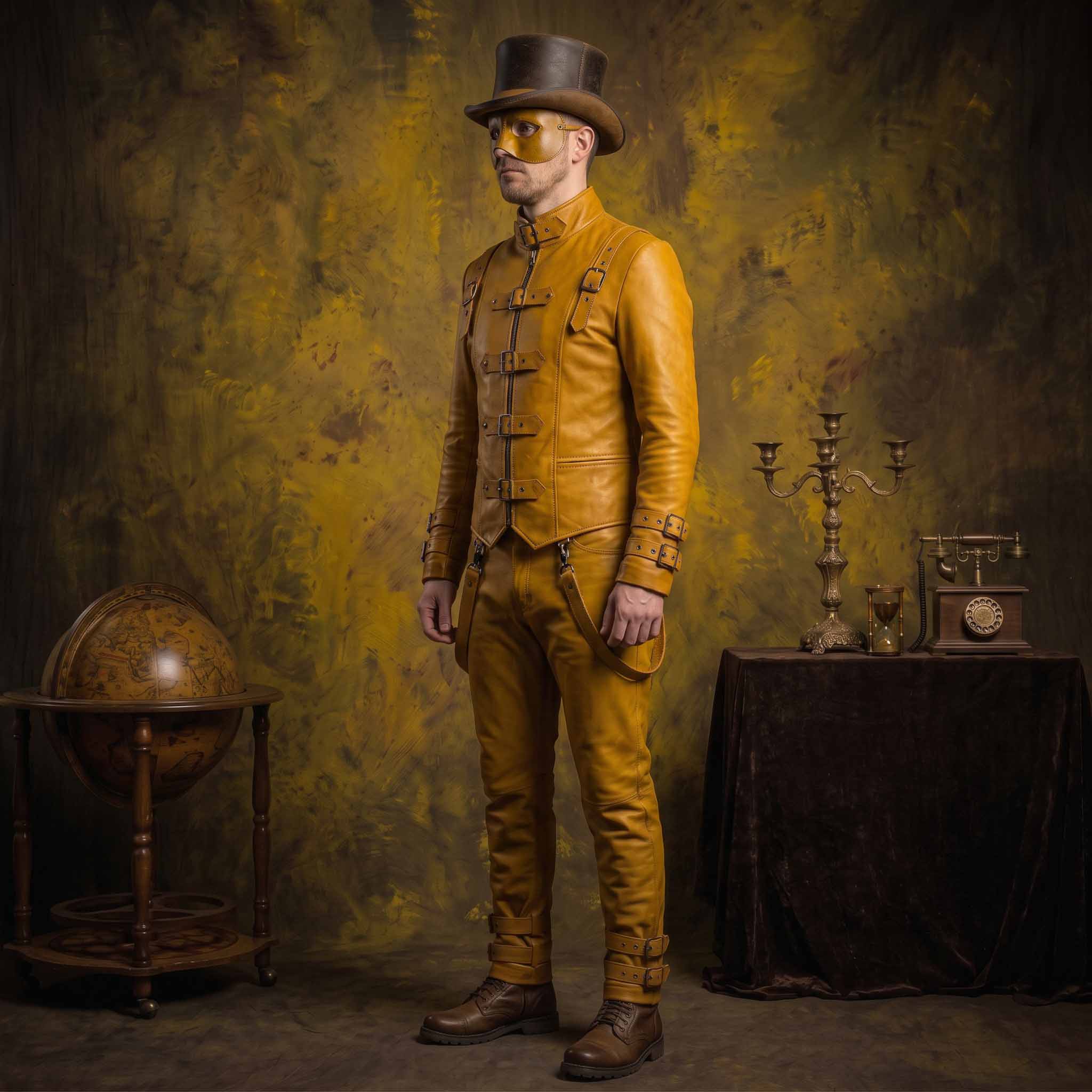 Front three quarter pose of gentleman in yellow genuine leather gothic suit showing chest harness straps and lower leg buckle cuffs