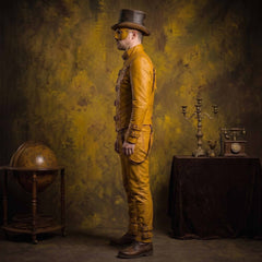 Side profile shot of tailored mustard yellow leather suit displaying fitted sleeve cuffs with double buckles and straight leg trousers