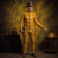 Steampunk explorer in yellow leather high-collar suit holding an antique journal next to brass candelabra and vintage telephone
