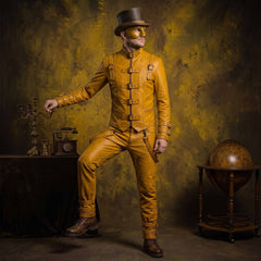 Man in mustard yellow leather Victorian suit posing dynamically with one foot forward displaying double ankle buckle cuffs and brown boots