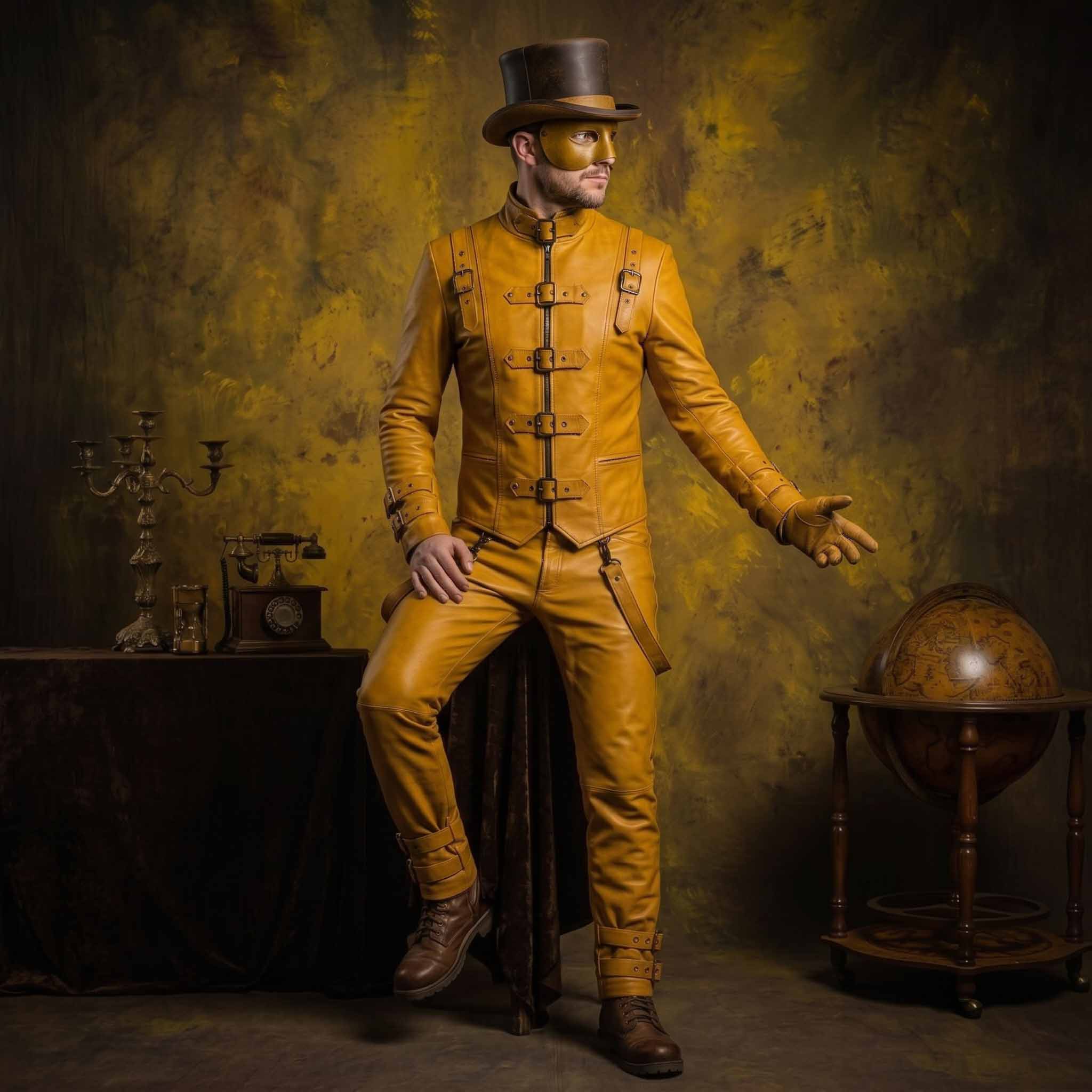 Gentleman in yellow leather steampunk outfit leaning against draped table wearing matching leather eye mask and brown top hat
