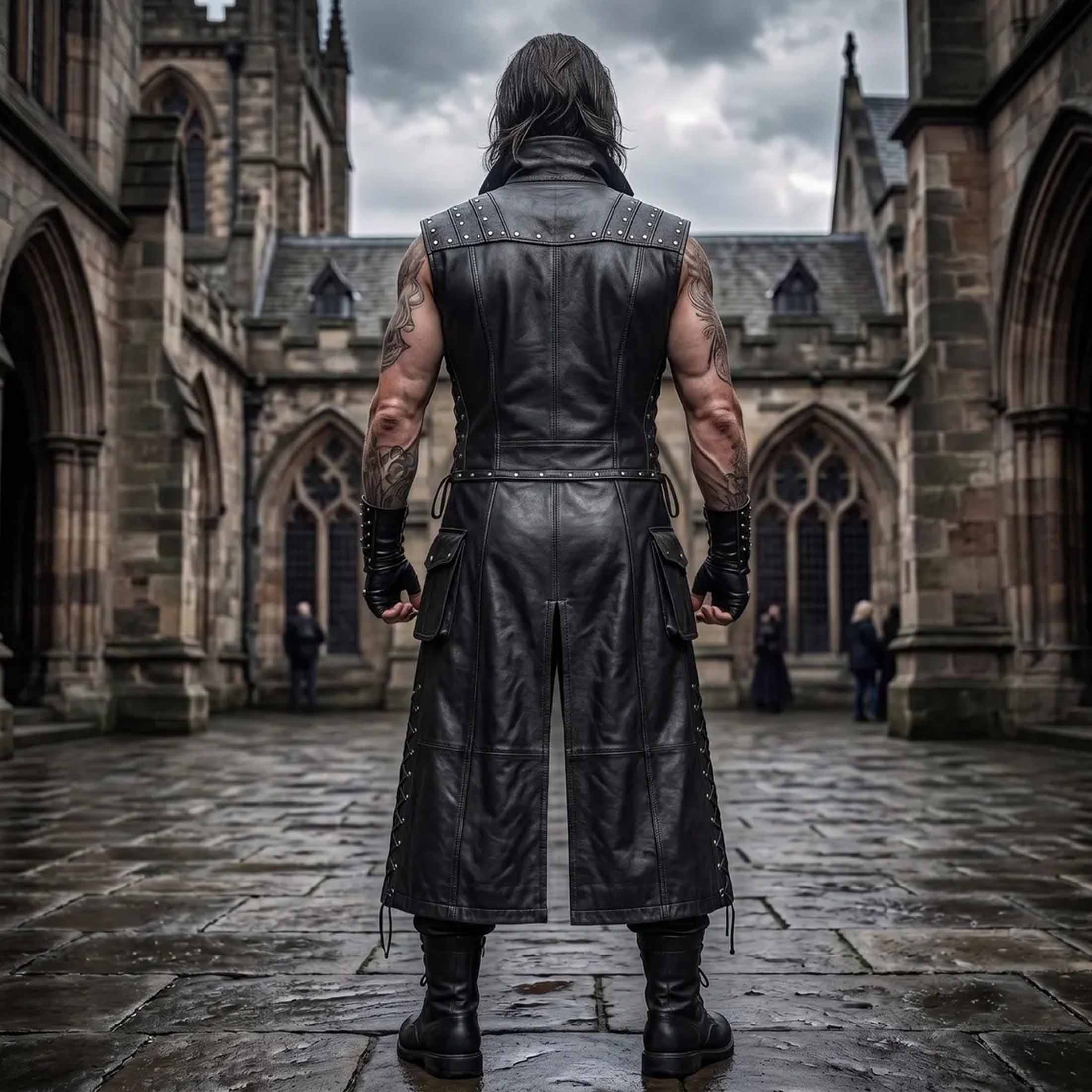 Back full body view of black genuine leather gothic vest detailing shoulder studs contoured back panels and deep center split tail