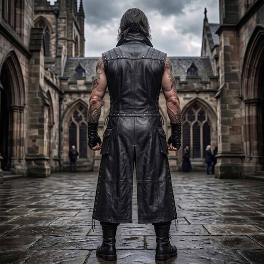 Back full body view of black genuine leather gothic vest detailing shoulder studs contoured back panels and deep center split tail