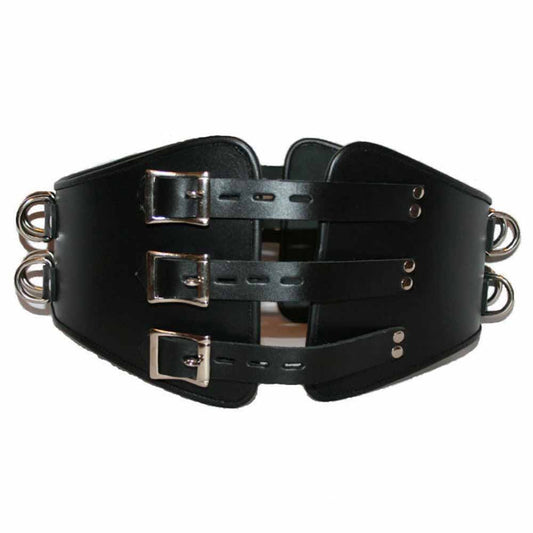 A black top-grain leather multi-strand restraint belt with silver metal buckles and D-rings, shown against a plain white background.