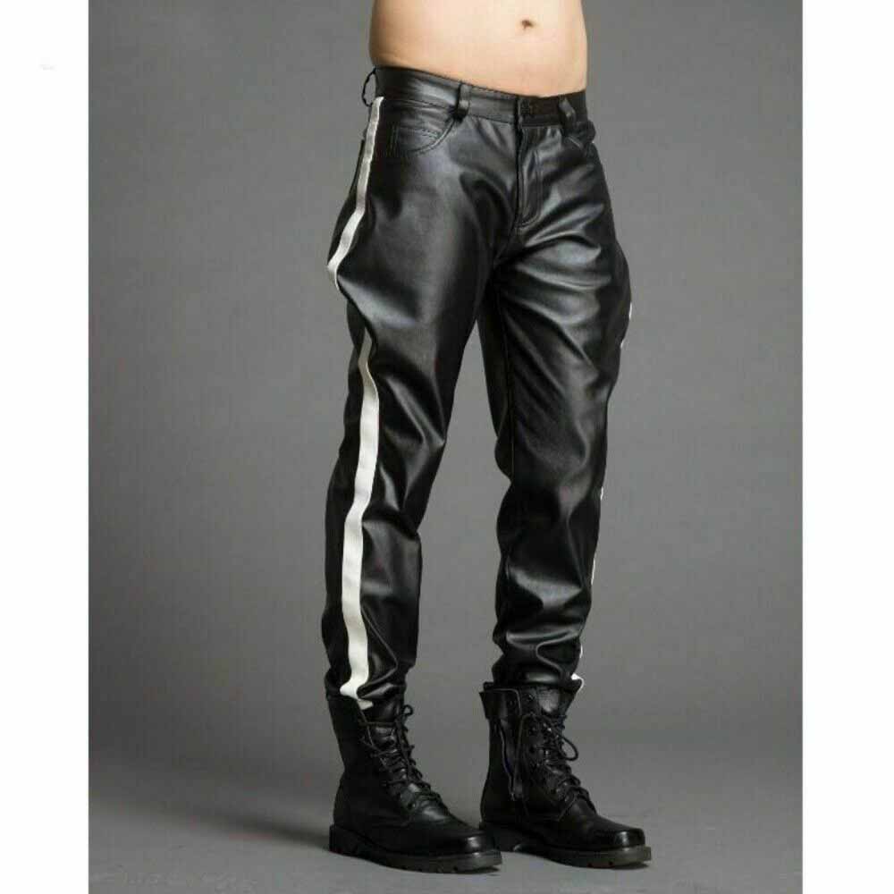 Three-quarter profile of men's black leather riding pants displaying the contrast white stripe, waist belt loops, and YKK zip-fly area.