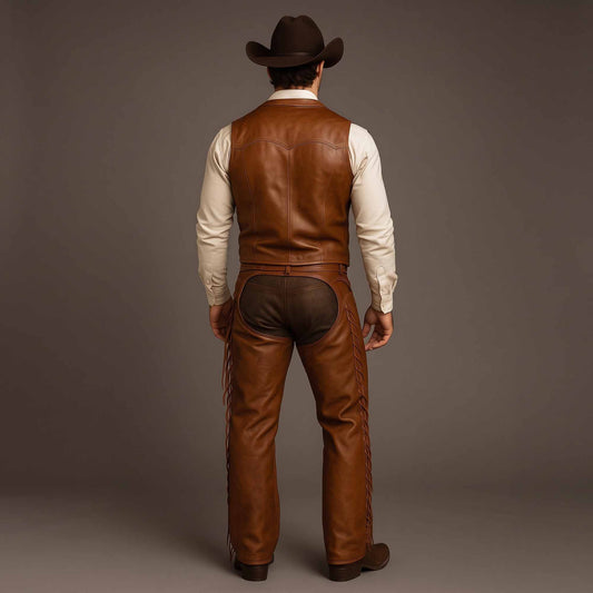 Rear view of the tailored men's brown leather Western costume showcasing the contoured back vest panel, open-seat chaps cut, and braided leg lacing.