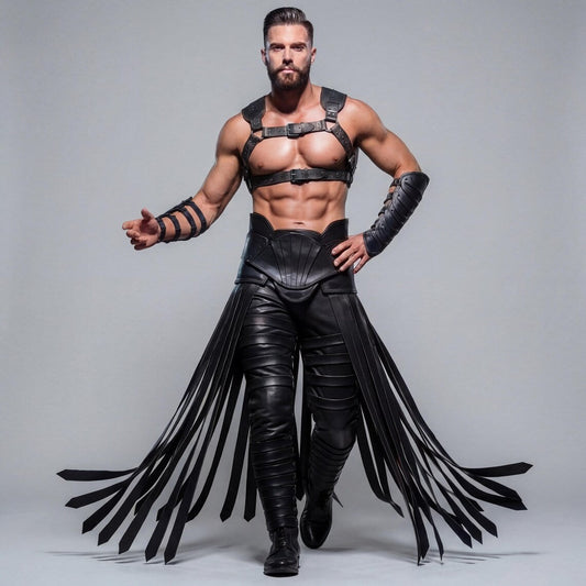 Front view of athletic warrior model posing in black cowhide leather chest harness, armored forearm bracers, and dramatic leather fringe girdle