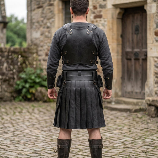 Back view of man wearing black cowhide pleated leather kilt and back plate armor with leather vambraces outside castle door