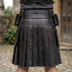 Detailed rear view of mens black leather kilt showing structured knife pleats, wide belt loops, and antique brass D rings