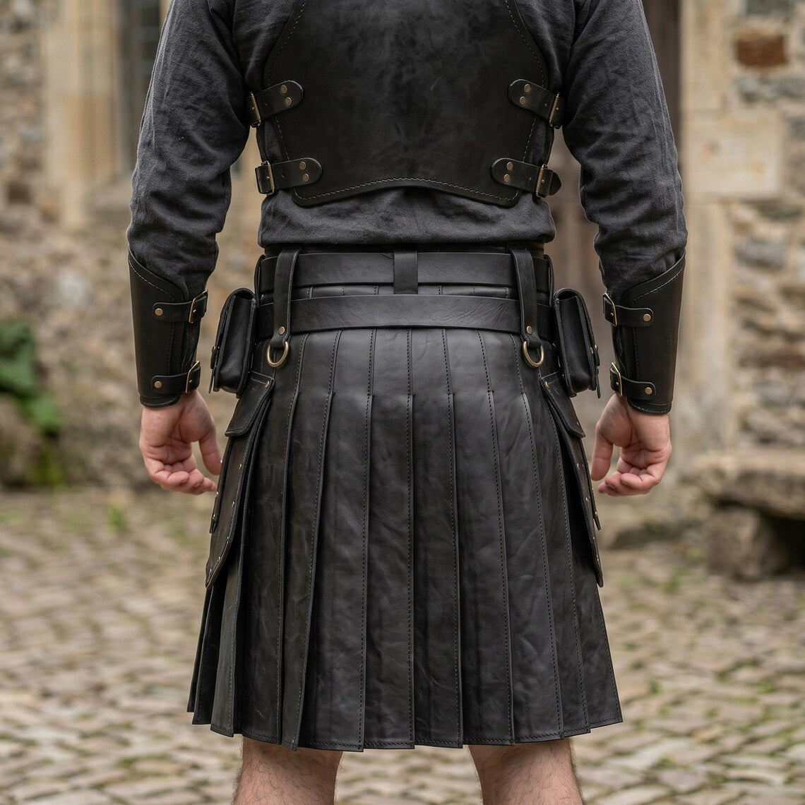 Detailed back view of leather warrior cuirass lower straps and pleated black kilt waistband on stone background