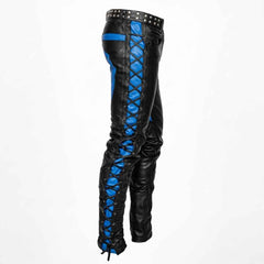 Side profile view of black cowhide leather biker pants featuring full-length side lacing over electric blue contrast leather.