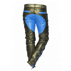 Back view of men's black leather trousers displaying blue leather rear seat panel detailing and side lacing.