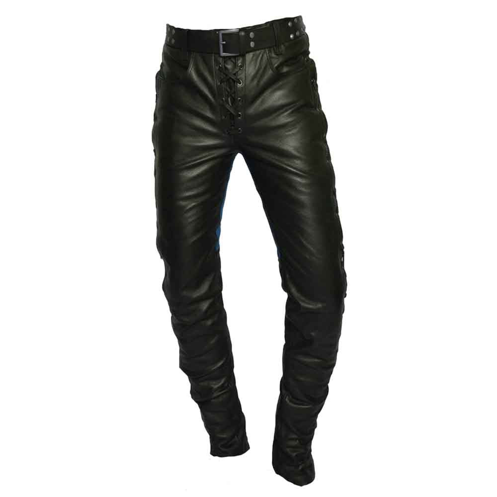 Front view of men's slim fit black leather biker trousers showing the lace-up fly closure and studded belt.