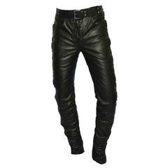 Front view of men's slim fit black leather biker trousers showing the lace-up fly closure and studded belt.