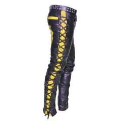 Side profile view of black cowhide leather biker pants featuring full-length side lacing over electric yellow contrast leather.