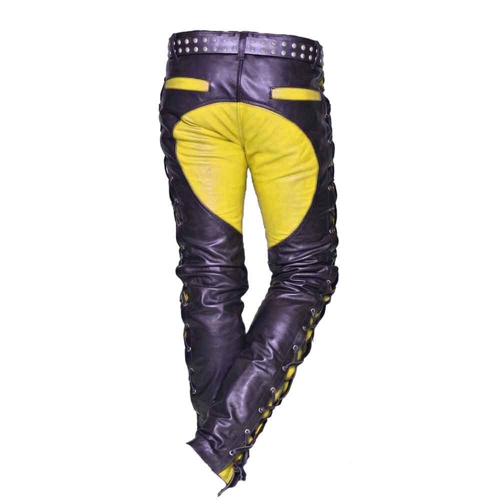 Back view of men's black leather trousers displaying yellow leather rear seat panel detailing and side lacing.