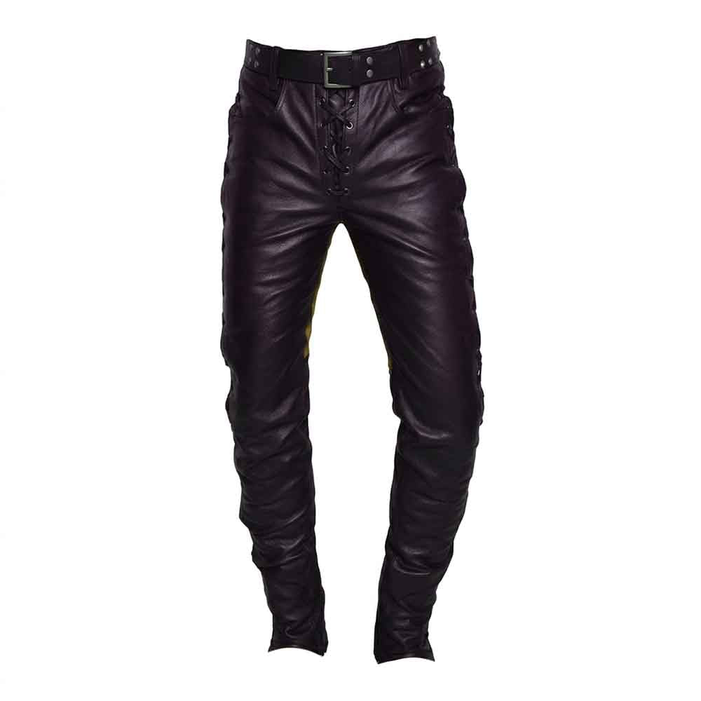 Front view of men's slim fit black leather biker trousers showing the lace-up fly closure and studded belt.
