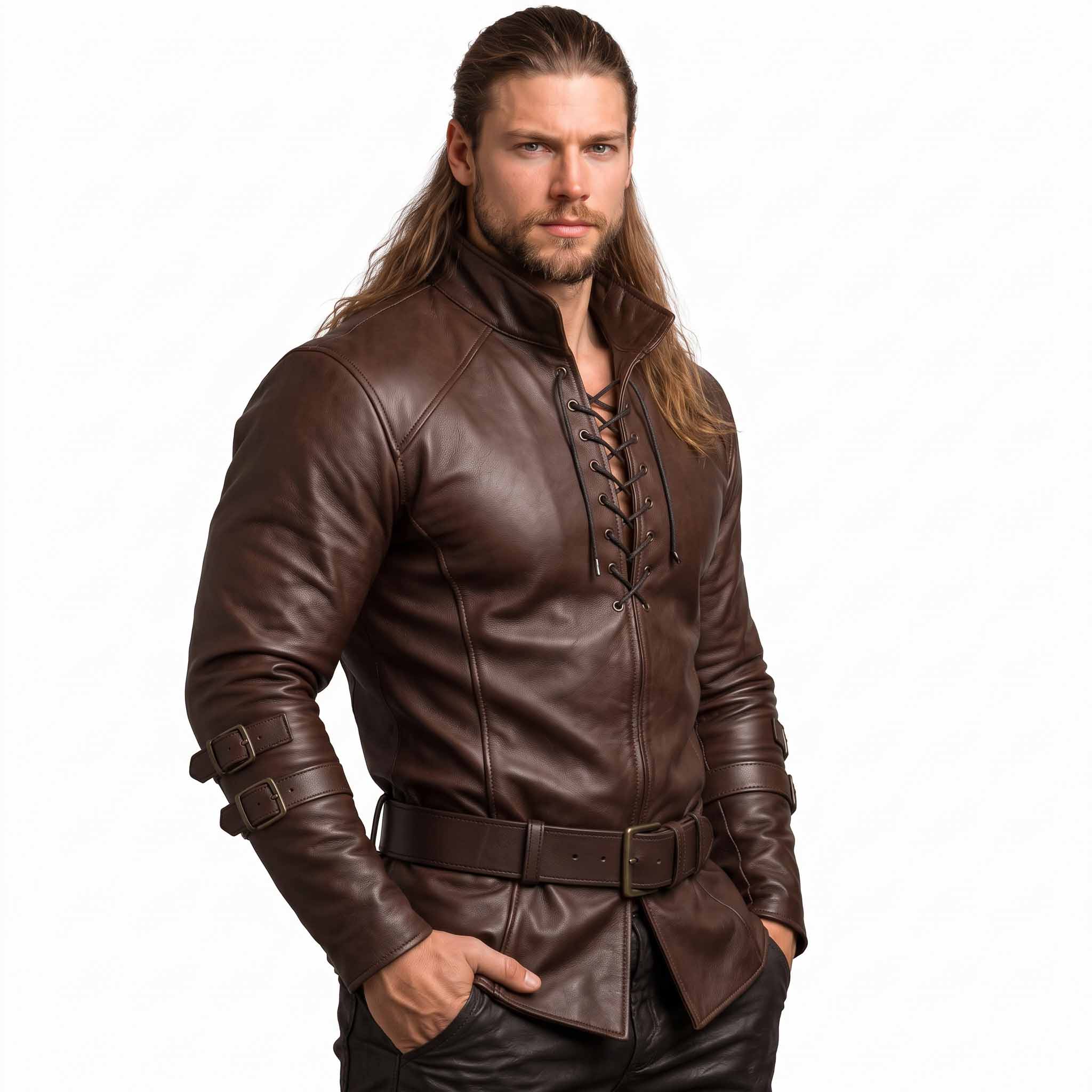 Three-quarter perspective of man wearing dark brown leather renaissance tunic highlighting dual forearm buckle straps and chest eyelet lacing